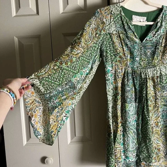 Anthropologie Floreat Amelia Green Paisley Bell Long Sleeve Mini Dress Size 0 - Picture 5 of 9
